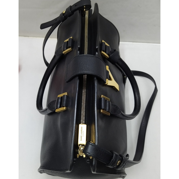 Saint Laurent Logo Black Leather Double Handles Satchel Shoulder Bag - Picture 9 of 16